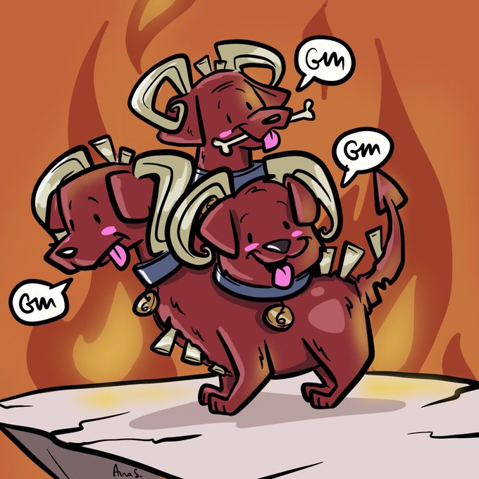 A cartoon drawing of a three-headed red dog (resembling Cerberus) with tongues out, bones around its neck, and speech bubbles saying 'Gm' (Good morning) against a fiery background, signed 'Anas'.