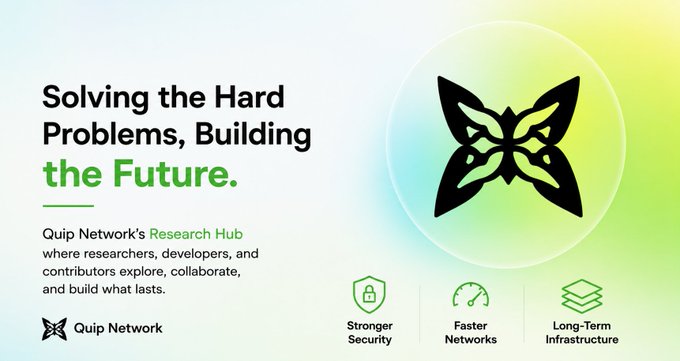 A promotional graphic for Quip Network reading 'Solving the Hard Problems, Building the Future' with a butterfly logo and icons for stronger security, faster networks, and long-term infrastructure.