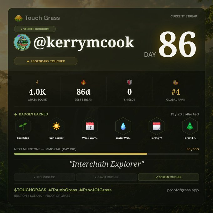 The main focus of this image appears to be a screenshot of a computer screen showing information related to an outdoor event, possibly the 86th day of the Touch Grass challenge or another similar occasion. The social media post features a photo of a picture on a website called ProofOfGrass with a caption that reads "#TouchGrass #proofofgrass #legendary". It seems to be a discussion about the current date, which is 86 days away from today's date and time (86th day). This post serves as a reminder or an invitation for people who signed up for the Touch Grass challenge or experienced it in any way.