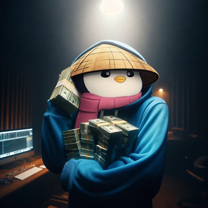 A stylized penguin character wearing a conical Asian straw hat, blue hoodie, and pink scarf holds stacks of US dollar bills in what appears to be a dimly lit recording studio with a monitor and mixing equipment visible.