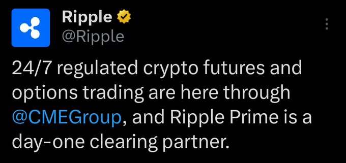 The image features a post with a screenshot of an app icon that appears to be for Bitcoin, Ripple or Litecoin. The caption reads "Ripple Prime CMEGroup" and there's also some text related to cryptocurrency trading regulations that are here through trading options.