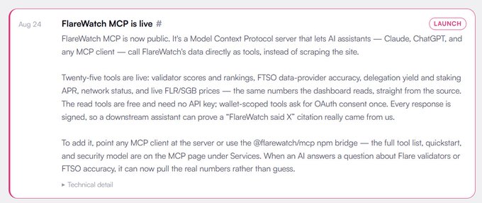 An announcement post from Aug 24 titled 'FlareWatch MCP is live' describing a Model Context Protocol server that allows AI agents like Claude, ChatGPT, and MCP clients to access FlareWatch's data directly as tools, featuring twenty-five live tools including validator scores, FTSO data, and FLR/SGB prices.