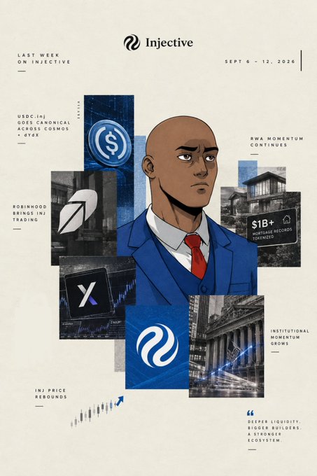 A digital flyer titled 'LAST WEEK ON INJECTIVE' dated SEPT 6 - 12, 2026, featuring anime-style artwork of a man in a blue suit surrounded by highlights including USDC, Robinhood, RWA momentum, and INJ price rebounds.