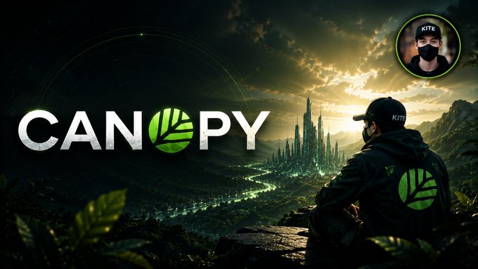 A promotional graphic for 'CANOPY' featuring a masked figure overlooking a futuristic city landscape with a castle, alongside a 'KITE' profile picture.