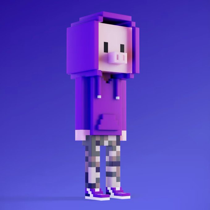 A 3D voxel-style character standing against a blue background, wearing a purple hoodie with the hood up over a pig-like mask, paired with grey plaid pants and purple sneakers.