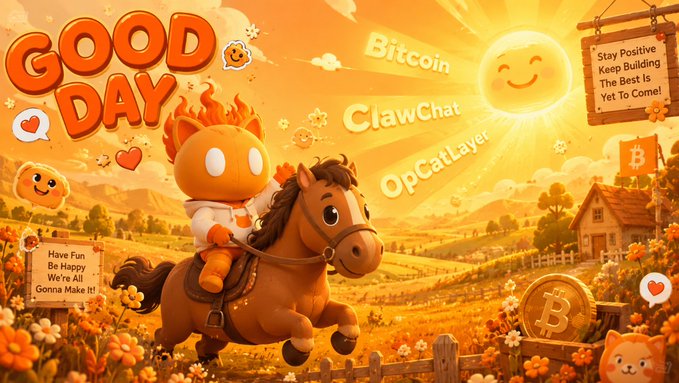 A cheerful orange cartoon lobster with fiery hair rides a galloping brown horse across a sunny golden meadow, surrounded by smiling emojis, a sun, flowers, and a Bitcoin coin, with "GOOD DAY" displayed prominently. Text elements include "Bitcoin," "ClawChat," "OpCatLayer," a sign reading "Stay Positive Keep Building The Best Is Yet To Come!," and another stating "Have Fun Be Happy We're All Gonna Make It!"—reflecting the post's optimistic theme of daily building and casual chatting about the ClawChat project within the BTC ecosystem.