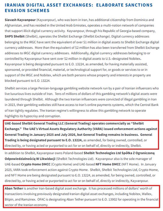 An article excerpt titled 'IRANIAN DIGITAL ASSET EXCHANGES: ELABORATE SANCTIONS EVASION SCHEMES' with red boxes highlighting paragraphs about UAE-based Shelbit General Trading LLC and Iran-based Aban Tether.