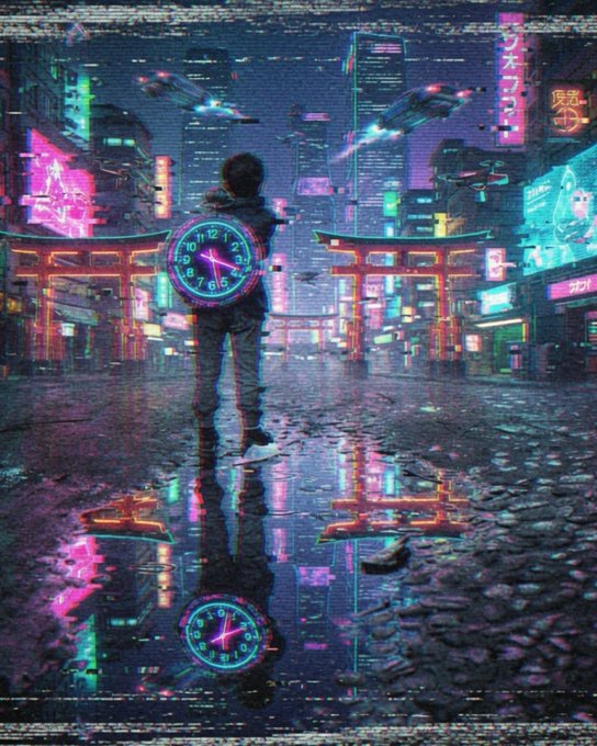 A person stands in a rain-soaked, neon-lit cyberpunk city street with Japanese torii gates, holding a glowing neon clock that reflects on the wet pavement alongside futuristic vehicles.