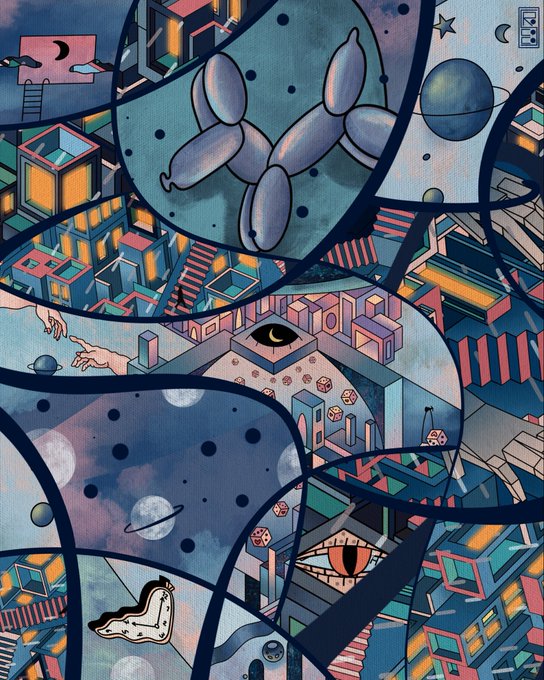 A vibrant, surreal illustration depicts a dreamlike cityscape of isometric buildings, geometric structures, and floating planets, with a balloon-dog figure floating among the cosmic scenes—evoking the "delusional psychopath" grind mindset of chasing crypto success.