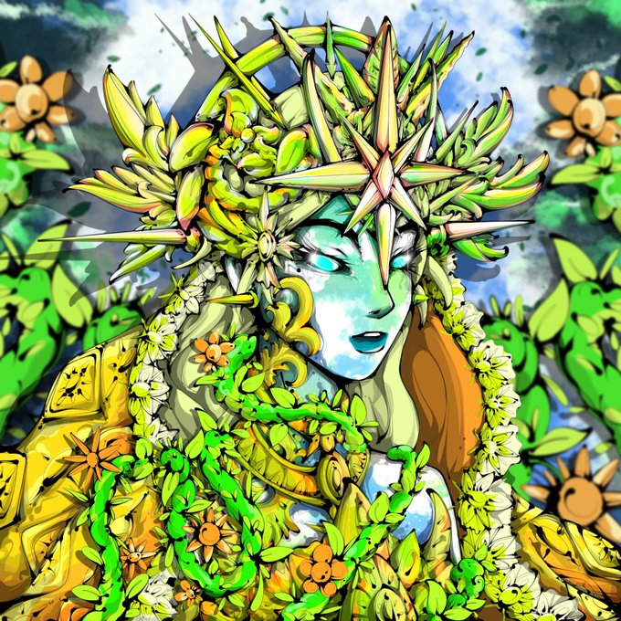 A stylized, colorful digital illustration of a fantasy character with blue skin, glowing blue eyes, and elaborate, spiky leaf-like hair and adornments, surrounded by a backdrop of green flowers and foliage.