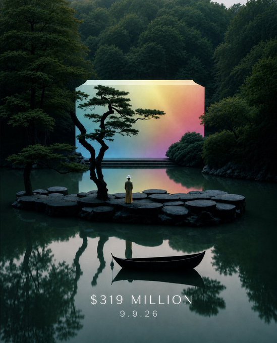 A surreal landscape showing a person standing on a rocky island with a bonsai tree, facing a large screen displaying a colorful rainbow, with a boat on the calm water below and text reading '$319 MILLION' and '9.9.26'.