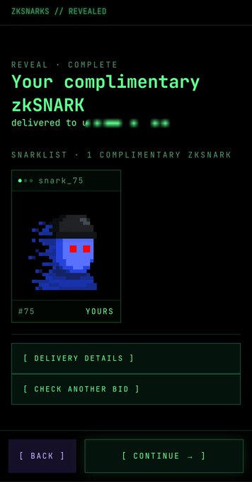 A screenshot of a digital reveal screen titled "ZKSNARKS // REVEALED" showing "Your complimentary zkSNARK delivered to" with a pixelated blue character NFT labeled "snark_75" marked as "YOURS".