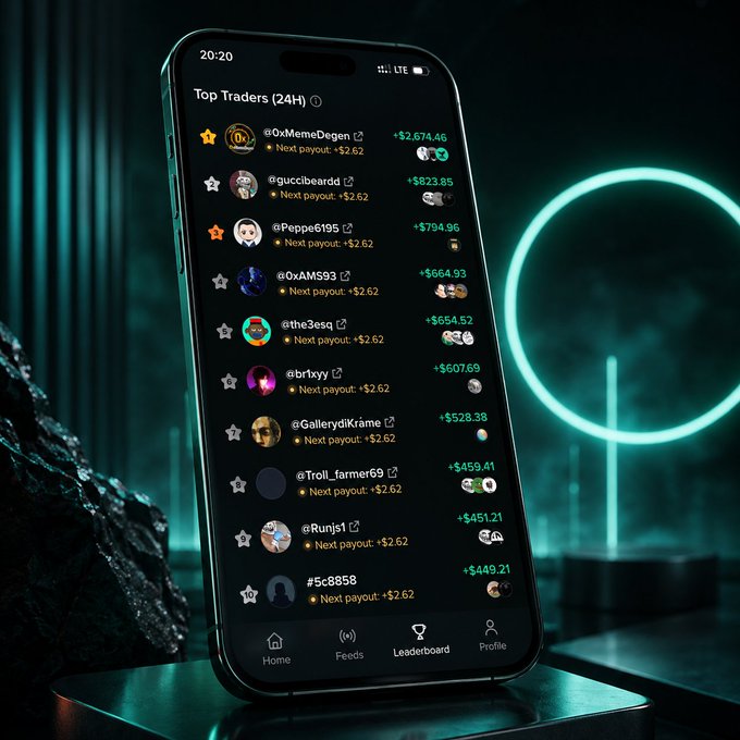 A smartphone displays Moby's "Top Traders (24H)" leaderboard, featuring ranked users like @OxMemeDegen (+$2,674.46) and @guccibeardd (+$823.85) with hourly payouts of +$2.62, set against a neon-lit background. The image illustrates the post's announcement that Base and BNB trades now contribute to the same cross-chain leaderboard, with top 10 traders paid every hour across all four chains.