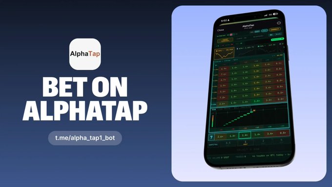 A promotional graphic with the text 'BET ON ALPHATAP' and a link 't.me/alpha_tap1_bot', alongside an image of a smartphone displaying a trading interface.