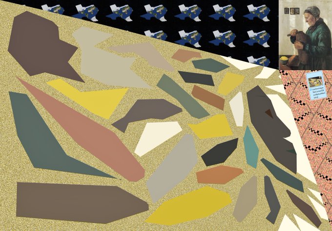 A digital artwork collage features abstract colored shapes on a textured gold background, with a strip of blue and white birds at the top and two smaller paintings in the upper right corner.