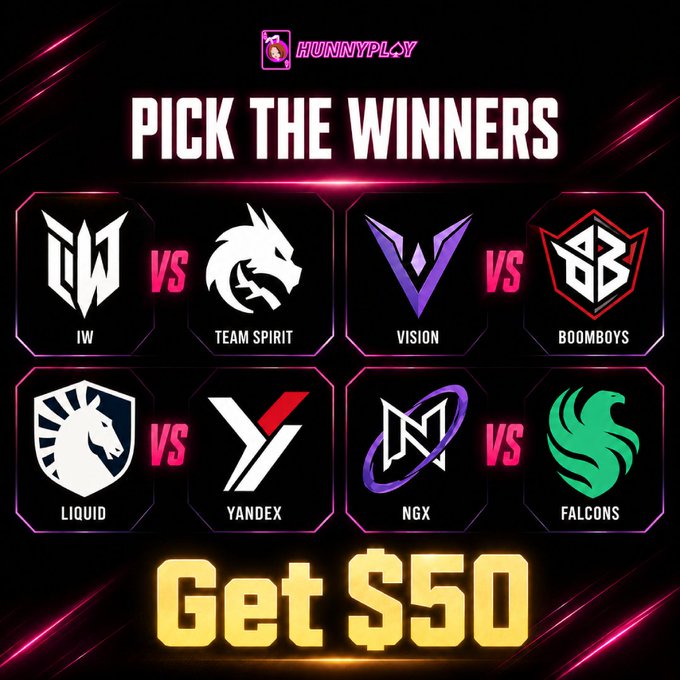 The image is a promotional graphic for HunnyPlay's "Pick the Winners" contest, featuring four esports matchups (IW vs Team Spirit, VISION vs BoomBoys, Liquid vs Yandex, and NGX vs Falcons) with a $50 prize up for grabs. The bold "Get $50" text at the bottom and the HunnyPlay logo at the top tie into the contest entry requirements outlined in the post.