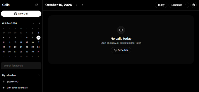A screenshot of a Google Calendar interface showing October 10, 2026, with 'No calls today' displayed in the main panel.