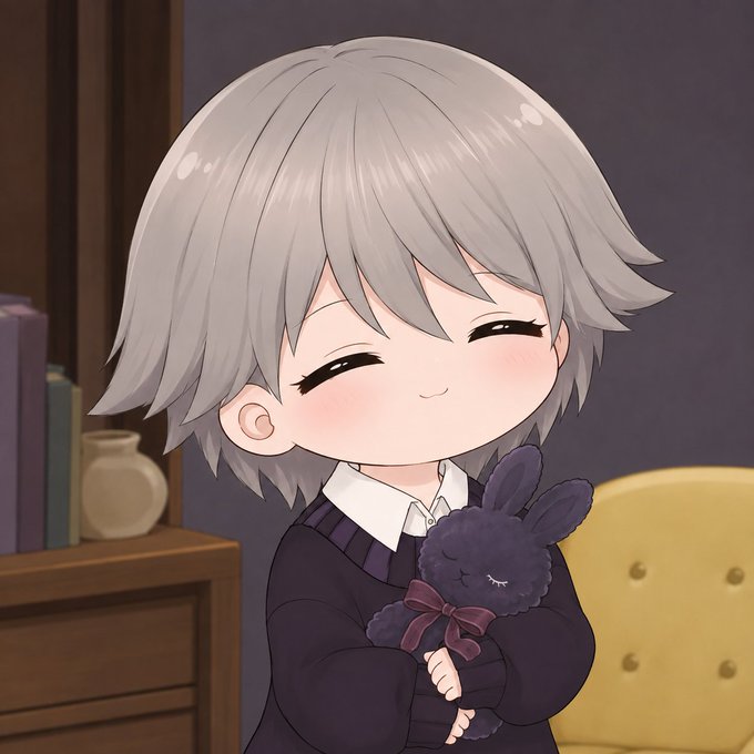 An anime-style illustration features a character with short gray hair smiling with closed eyes while hugging a small, dark purple bunny plushie with a bow.