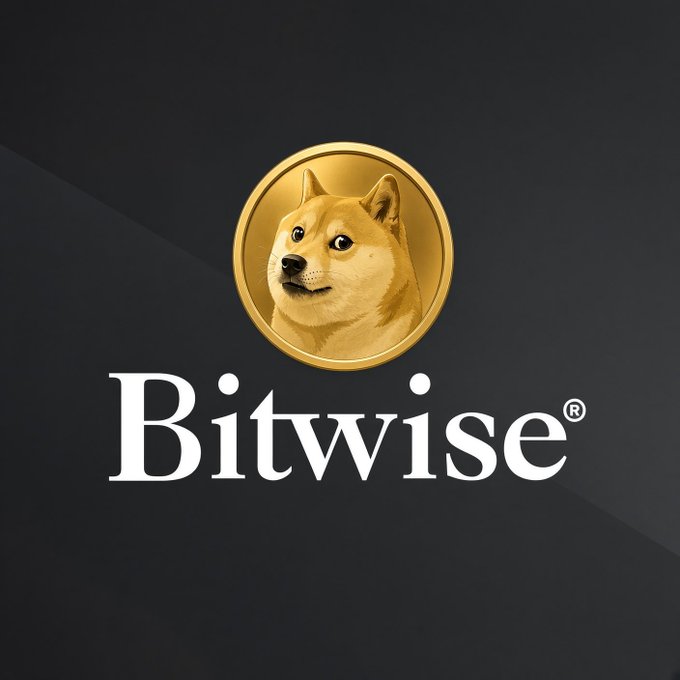 The image displays the Bitwise logo, featuring a golden Shiba Inu dog in a coin emblem above the "Bitwise®" text on a dark background, visually symbolizing the closure of their Dogecoin ETF as noted in the breaking news.