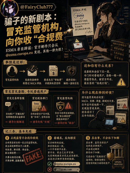 An infographic in Chinese titled "骗子的新剧本：冒充监管机构，向你收'合规费'" (Scammers' New Script: Impersonating Regulators to Collect "Compliance Fees") warns that ESMA will only email from @esma.europa.eu, and breaks down the scam's progression from fake regulator impersonation, to phishing emails demanding MICA approval fees, to malware/ransomware, alongside common variations targeting exchanges, tax authorities, and regulatory bodies, plus three key reminders (#1 regulators don't proactively contact users, #2 official domains reverse-verify, #3 report to legal@esma.europa.eu).