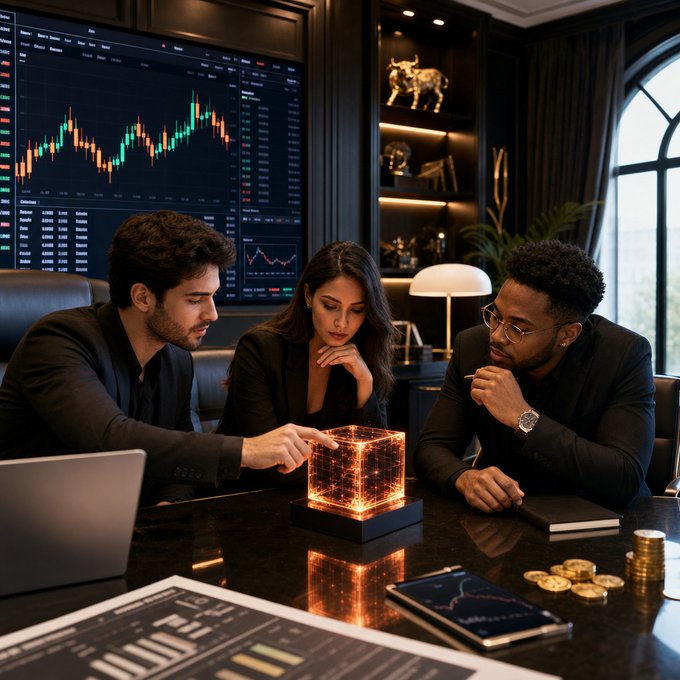 Three people in formal attire analyze a glowing holographic cube displaying data, with stock market charts and gold coins visible in a dark, luxurious office setting.