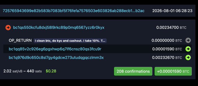 A Bitcoin blockchain transaction screenshot shows a 0.00234700 BTC transaction with an OP_RETURN message reading "i clean btc, do kyc and cashout. i take 10%. T..." sent to address bc1qs550kcfu8dxj58l9rkc89p0mq6567yzz6r0kyx, demonstrating an unsolicited laundering pitch sent as dust to a thief's consolidation wallet.