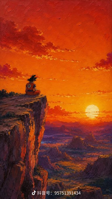 A lone figure in an orange martial arts uniform sits silhouetted against a blazing sunset atop a high cliff, gazing out over a vast, rugged canyon landscape. The text at the bottom reads "抖音号: 95751391434".

The image's contemplative mood and isolation on the cliff's edge mirror the post's somber tone about crypto losses, suggesting a warrior reflecting on battlefield defeats while preparing to endure the bear market ahead.