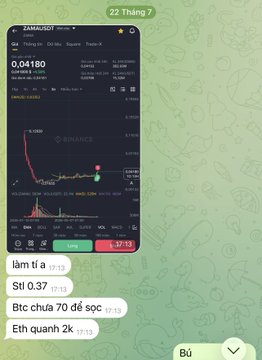 A Vietnamese stock/crypto trading chat on Binance showing a token 'TAMAUSDT' trading at 0.04180 with messages including 'làm tí a', 'Stl 0.37', 'Btc chưa 70 đố sớc', and 'Eh quanh 2K'.