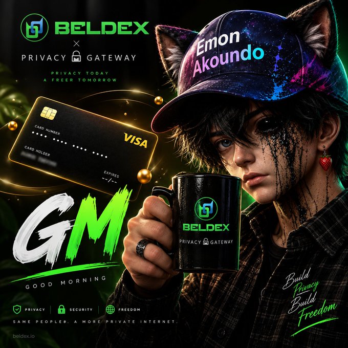 A promotional graphic for "BELDEX PRIVACY GATEWAY" featuring an anime-style character with cat ears, the name "Emon Akoundo," and a Visa card, with text "GM GOOD MORNING" and "Build Privacy Build Freedom."
