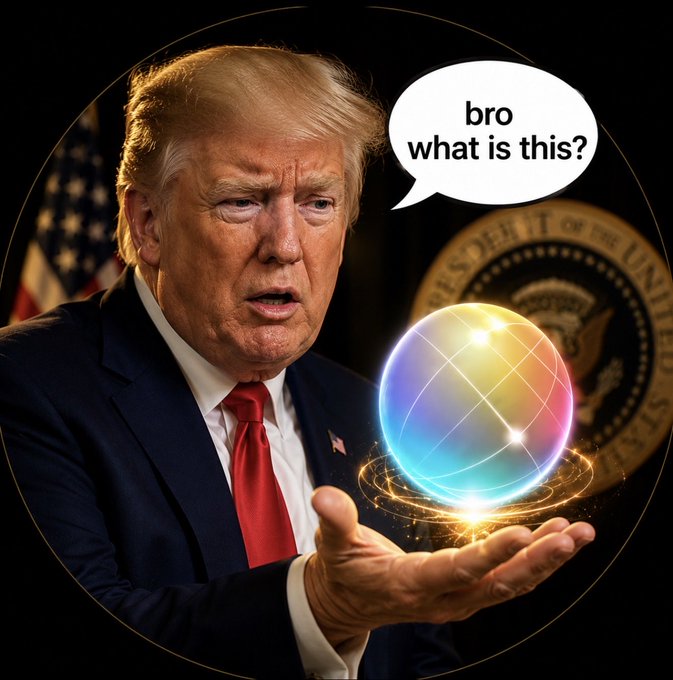 Donald Trump holds a glowing orb, with a speech bubble saying "bro what is this?", referencing the growing importance of Solana and its associated games like Star Atlas.