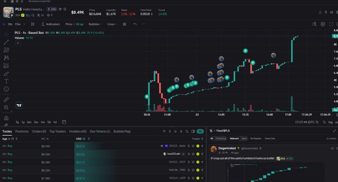A cryptocurrency trading chart on DEX Screener showing the PLS token (Pulsechain) with a market cap of $8.49K, displaying a candlestick chart with various price movements and a trades panel.