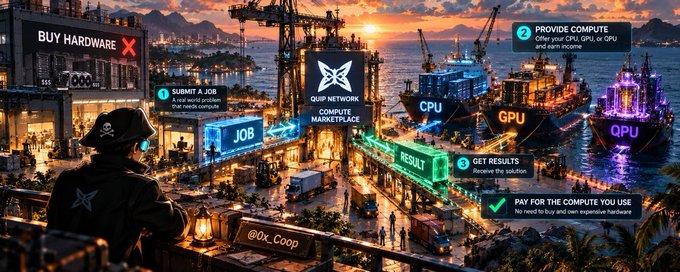 A promotional graphic for 'QUIP NETWORK' depicting an industrial harbor scene with text outlining steps to 'SUBMIT A JOB', 'PROVIDE COMPUTE', 'GET RESULTS', and 'PAY FOR THE COMPUTE YOU USE'.