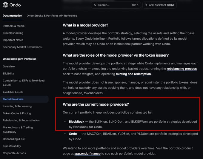 An Ondo documentation page titled 'Model Providers' highlights that BlackRock develops the BLKHion, BLKDIgon, and BLKGRWon portfolio strategies, while Ondo develops MAG7Xon, BRAINon, YLDson, and YLDBon.