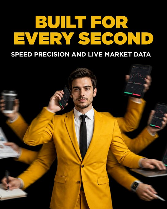 A man wearing a yellow suit holds a phone to his ear while surrounded by multiple arms in similar yellow suits, each holding devices displaying stock charts, with bold text reading "BUILT FOR EVERY SECOND" and "SPEED PRECISION AND LIVE MARKET DATA." The image visually reinforces the post's message about the new Stocks & bStocks API's emphasis on speed, automation, and real-time market data for traders.