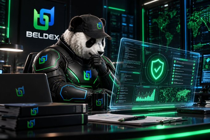 A panda mascot wearing a "BELDEX" branded cap and futuristic armor analyzes security dashboards with a glowing green shield icon, with stacks of "BELDEX" branded materials on the desk and a world map of network data in the background—visually reinforcing the post's emphasis on BeldexCoin's privacy-focused security audit completed by Dakara Research.
