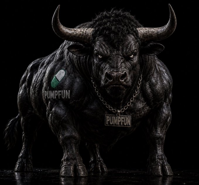 A powerful, muscular black bull with large horns stands against a dark background, wearing a chain with a 'PUMPFUN' pendant and bearing a 'PUMPFUN' logo with a pill graphic on its shoulder.
