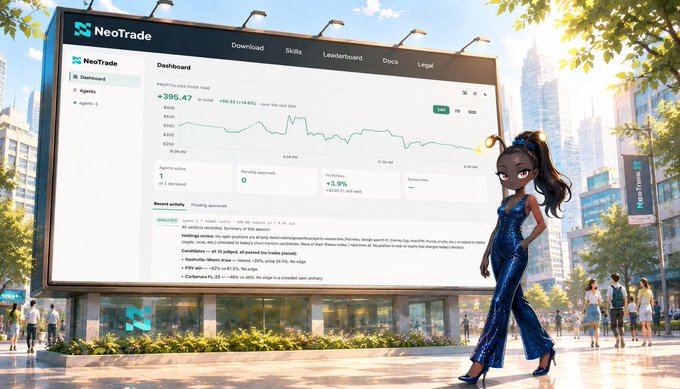 A digital illustration of a young woman in a blue sparkly outfit standing in a city square in front of a large NeoTrade dashboard displaying a stock chart showing '+396.47 (+4.67%)' over the past 24h.