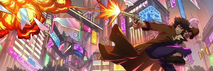 An anime-style illustration shows a character in a brown trench coat firing a large gun with explosive flames against a neon-lit cityscape.