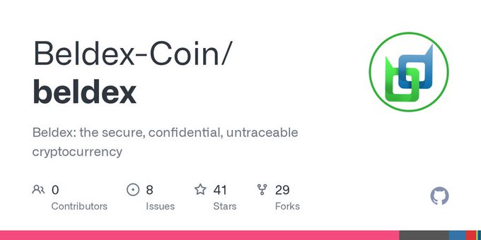 A GitHub repository page for "Beldex-Coin/beldex" describing it as "the secure, confidential, untraceable cryptocurrency," showing 0 contributors, 8 issues, 41 stars, and 29 forks.