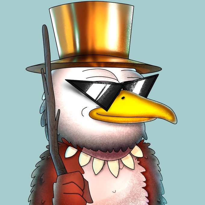 A cartoon eagle character wearing a golden top hat, dark sunglasses, a spiked tooth necklace, and holding a staff, presented as a one-of-one honorary NFT artwork. The image's stylish, dapper appearance aligns with the post's celebratory tone of receiving a unique, exclusive collectible from the Abe Eagle NFT collection.