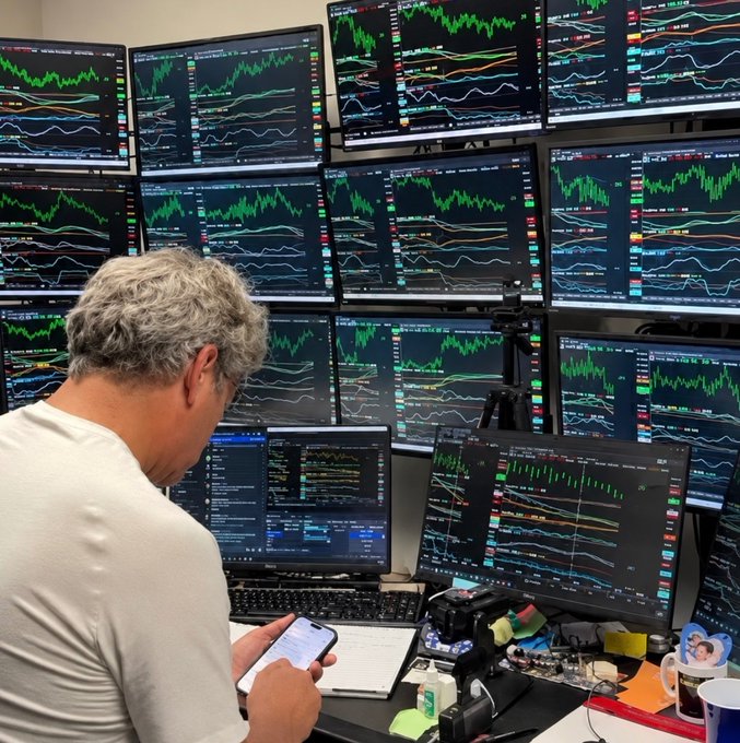 A trader with gray hair sits at a desk using a smartphone, facing a wall of multiple monitors displaying stock/crypto charts with green and red candlestick patterns.