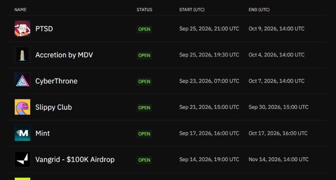 A table lists open airdrops and events including PTSD, Accretion by MDV, CyberThrone, Slippy Club, Mint, and Vangrid - $100K Airdrop, with start and end dates in September and October 2026.