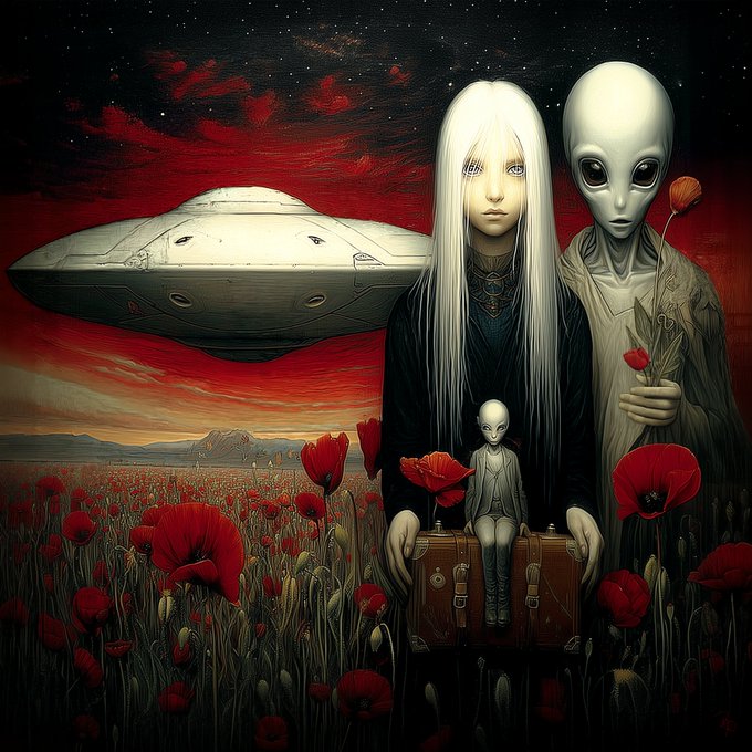 A surreal dark painting features a pale long-haired figure and a grey alien standing in a field of red poppies beside a UFO, with a small alien child sitting on a suitcase between them under a starry red sky.