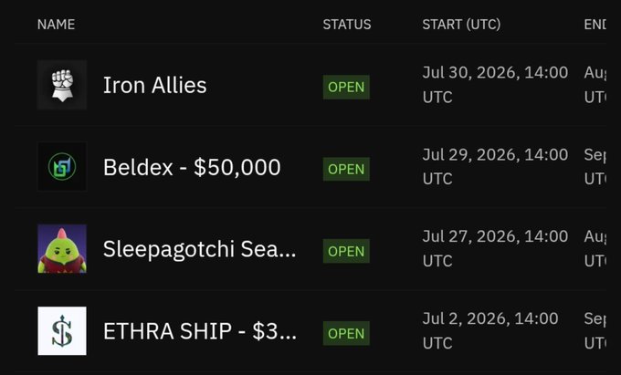 A list of cryptocurrency or token offerings including Iron Allies, Beldex - $50,000, Sleepagotchi Sea..., and ETHRA SHIP - $3..., all marked as OPEN with August 2026 start dates.