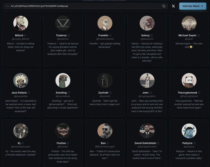 The image shows a "Crypto Twitter Wall of Fame" or KOL (Key Opinion Leader) list featuring profiles of crypto influencers including Billord, Tradersz, Franklin, Gainzy, Michael Saylor, Jess Pollack, Smolting, ZachXBT, John, Thecryptomonk, KJ, Fnxtion, Ben, David Gokhshtein, and PattyIce, each with their Twitter handles and notable quotes. The poster is celebrating being included on this prestigious crypto influencer list, hoping the attention will pump the $WASHED token.