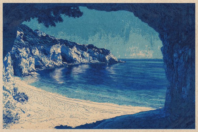 A blue-toned illustrated print depicts a serene beach cove with white sand and rocky cliffs viewed from inside a sea cave.