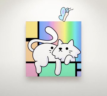 The image features a white cat sitting on top of a colorful square canvas with a rainbow gradient background. The cat appears to be looking down at something below it. There are two butterflies present, one flying near the cat's head and another closer to its tail. The text in the image reads "When you have a strong conviction about something, you don'T stop talking about it. I'm so in love with @doodles project that I want every art lover to stay glued to their page like I'm doing."