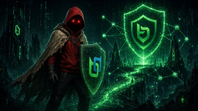 A hooded hacker with glowing red eyes stands in a dark, futuristic cityscape holding a green shield emblazoned with a stylized "b" logo, with a larger matching shield and interconnected network nodes glowing in the background.

The image visualizes the post's message of enhanced security and trust, symbolizing the smooth, protected experience of using the new BDX bridge to BSC after recent audit upgrades.