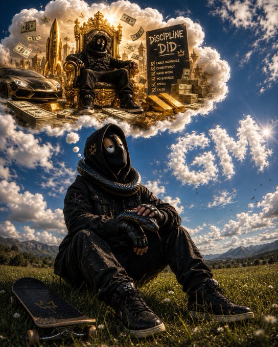 A hooded figure sits in a field with a skateboard, daydreaming of an opulent vision in the clouds where a similar masked figure sits on a golden throne surrounded by cars, cash, and gold bars alongside a checklist titled 'DISCIPLINE DID' with items like 'EARLY MORNINGS' and 'CONSISTENCY' checked off.