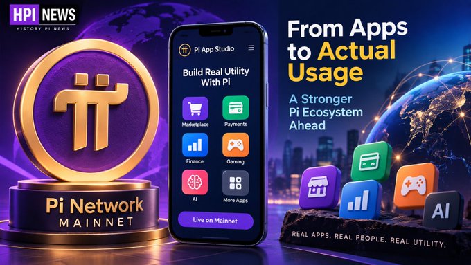 A promotional graphic titled 'From Apps to Actual Usage,' highlighting Pi Network Mainnet and a Pi App Studio interface with categories like Marketplace, Payments, Finance, and AI.